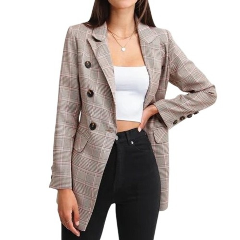 BELLE & BLOOM Too Cool For Work Double Breasted Lined Brown Pink BlazerS EUC‎